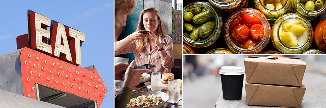 Collage of photos: Eat sign, woman dining, and a to go food order