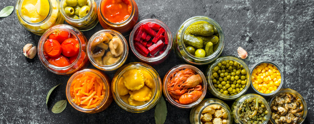 Preserved food in glass jars.