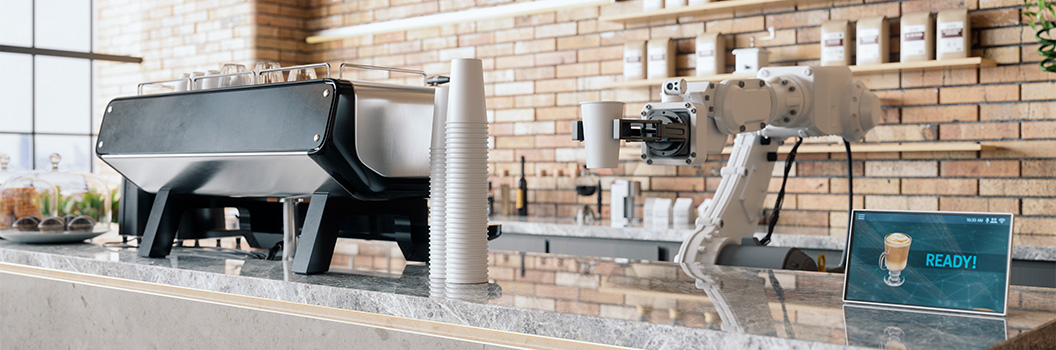 Robot device behind a coffee counter